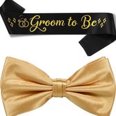 Groom to Be sjerp en dasstrik zwart met goud - vrijgezellenfeest - groom to be - bruidegom - trouwen - sjerp - vlinderdas - goud