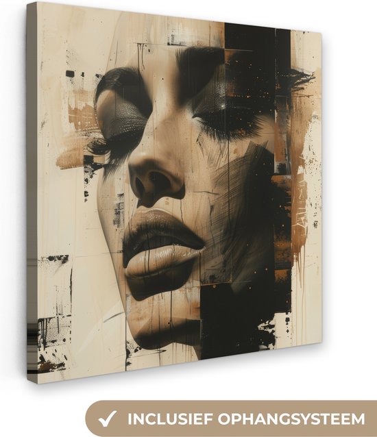 Canvas schilderij 50x50 cm - Wanddecoratie Vrouw - Gezicht - Abstract - Kunst - Muurdecoratie woonkamer - Kamer decoratie modern - Abstracte schilderijen