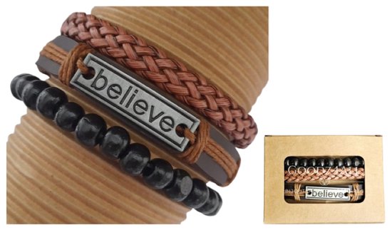 Believe Set Leren Verstelbare Armbanden Slip-Knoopsluiting Cadeau Sinterklaas Kerst Verjaardag Valentijn Vaderdag