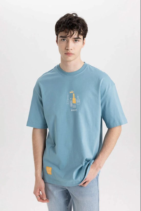 Blauw Basquiat T-shirt (Size:L ), Jean Michel Basquiat Comfort Fit T-shirt met ronde hals en print op de rug met korte mouwen