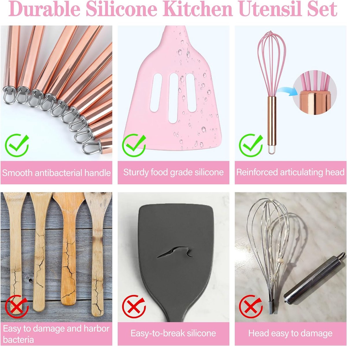 Keuken Gadget Arquiel Siliconen Keukengerei Set 22 Stuks - Met Roestvrij Stalen Handvatten, Hittebestendig Tot 230°C - Roze Keukengerei Set 22-delig Roze