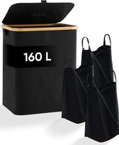 DARI. - Wasmand 3 vakken - Wassorteerder - 160L - met 3 uitneembare zakken - wasmand - opvouwbaar - vernieuwde model - zwart