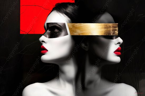 JJ-Art (Aluminium) 120x80 | Vrouwen, modern surrealisme, rode lippen, zwarte ogen, kunst | gezicht, mens, vrouw, goud, grijs, rood, zwart, modern | foto-schilderij op dibond, metaal wanddecoratie