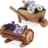 Relaxdays plantenbak hout, 2 stuks, kruiwagen & half vat, tuindecoratie, binnen, buiten, vintage, klein, balkon, natuur