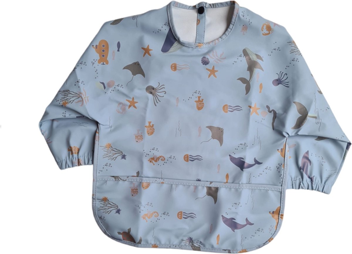 Goedkoopste Slab - Schort - Waterproof - met mouw - Kinderschort - Slab met mouwen - Waterafstotend - Knutselen - Kliederschort - met opvangbak - 36 tot 54 maanden - Blauw met zeedieren