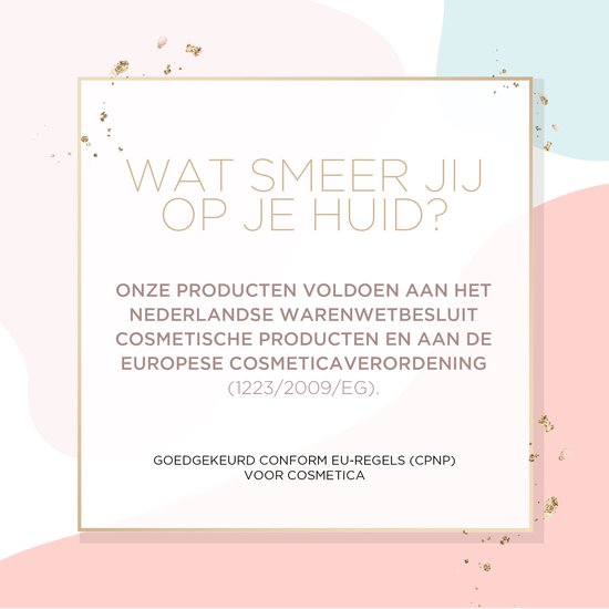Tekst 'WAT SMEER JIJ OP JE HUID?' met achtergrond van pastelkleurige vlakken en gouden spetters.