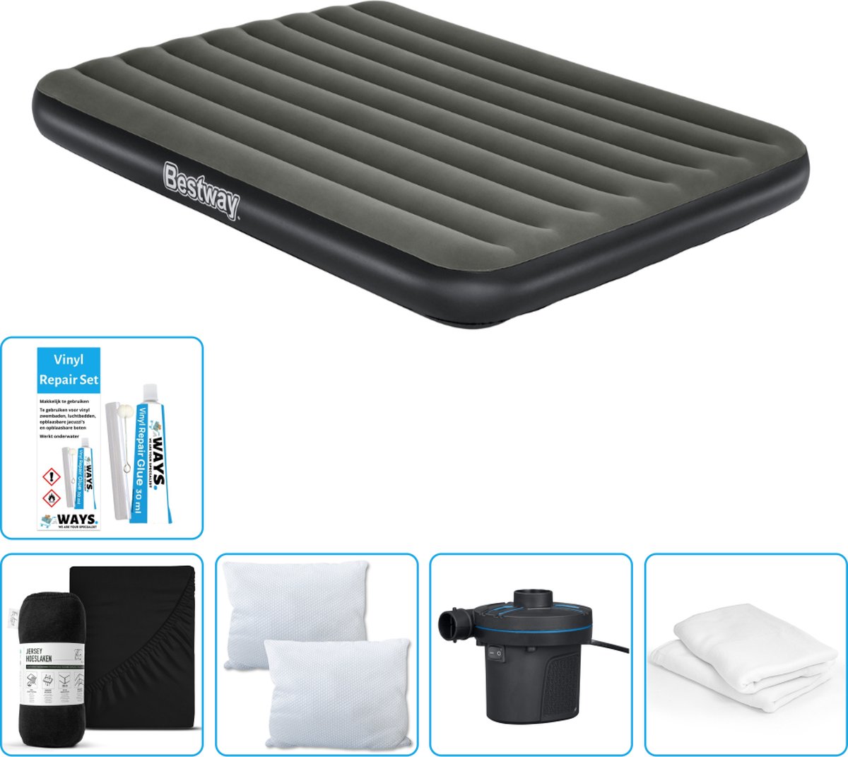 Bestway luchtbed - 2-Persoons - 152 x 203 x 25 cm - Groen - Inclusief Hoeslaken - Kussen - Kussenbeschermer - Pomp en Reparatieset