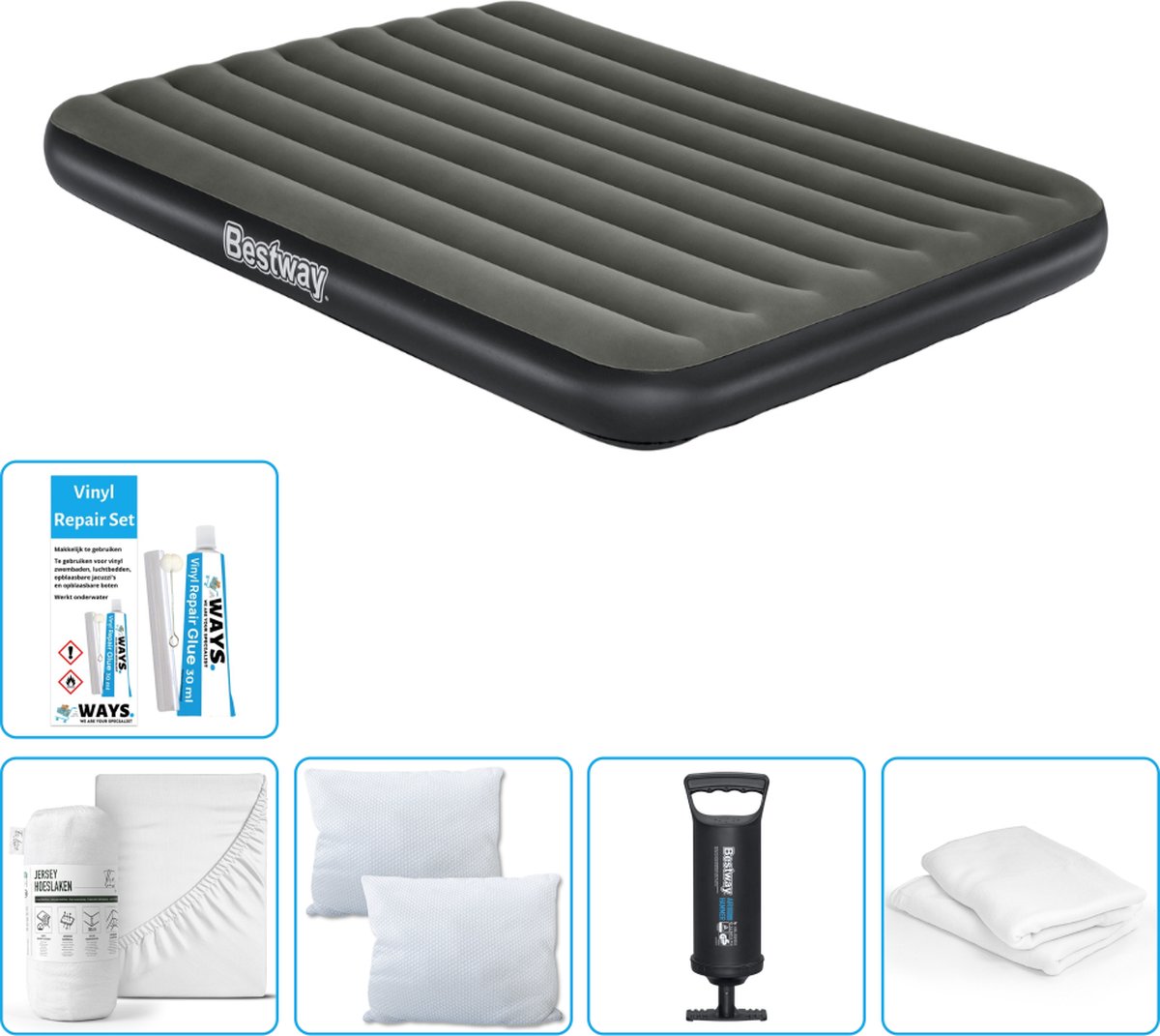 Bestway luchtbed - 2-Persoons - 152 x 203 x 25 cm - Groen - Inclusief Hoeslaken - Kussen - Kussenbeschermer - Pomp en Reparatieset