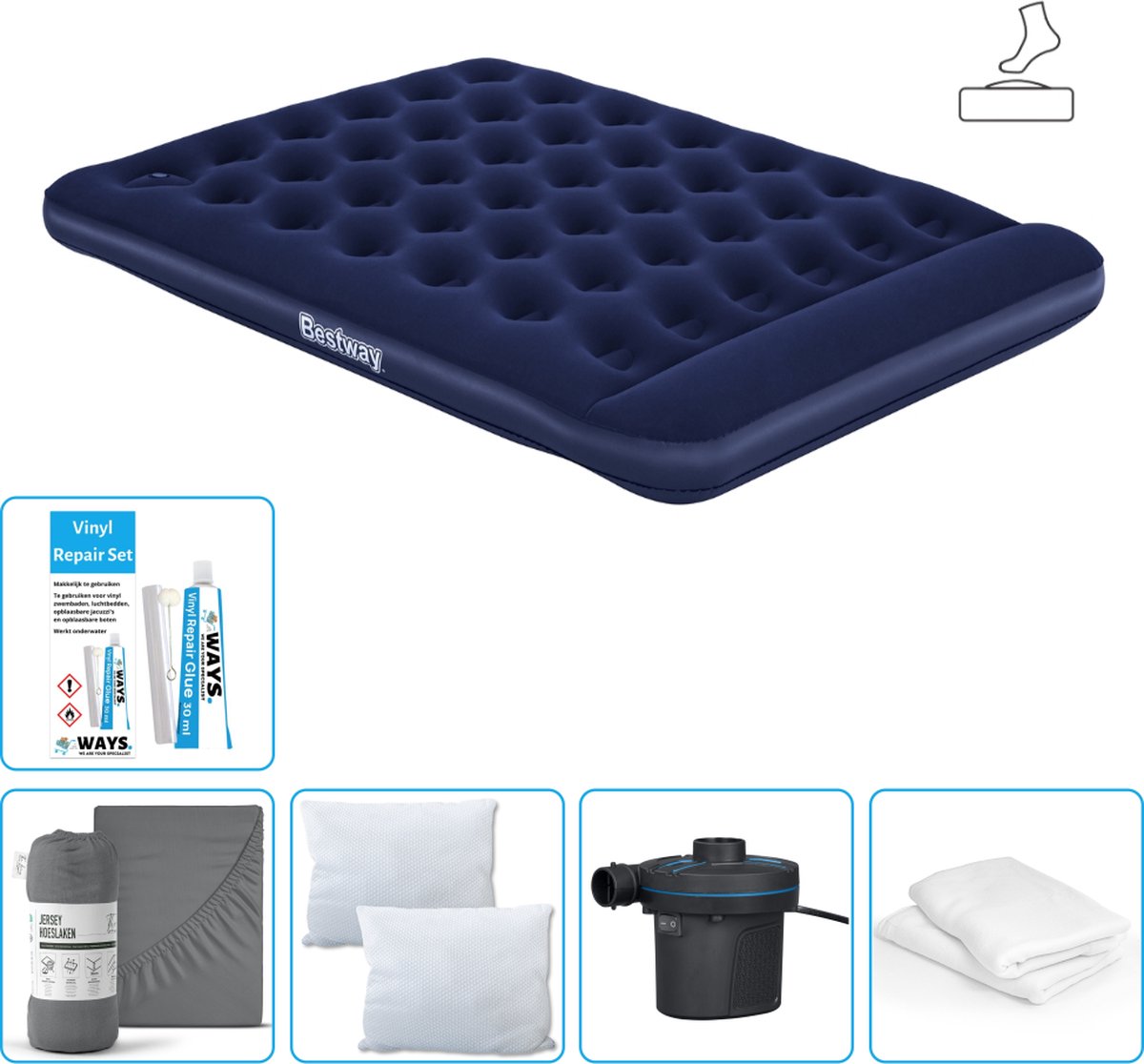 Bestway luchtbed - 2-Persoons - 152 x 203 x 28 cm - Blauw - Inclusief pomp - Hoeslaken - Kussen - Kussenbeschermer - Pomp en Reparatieset