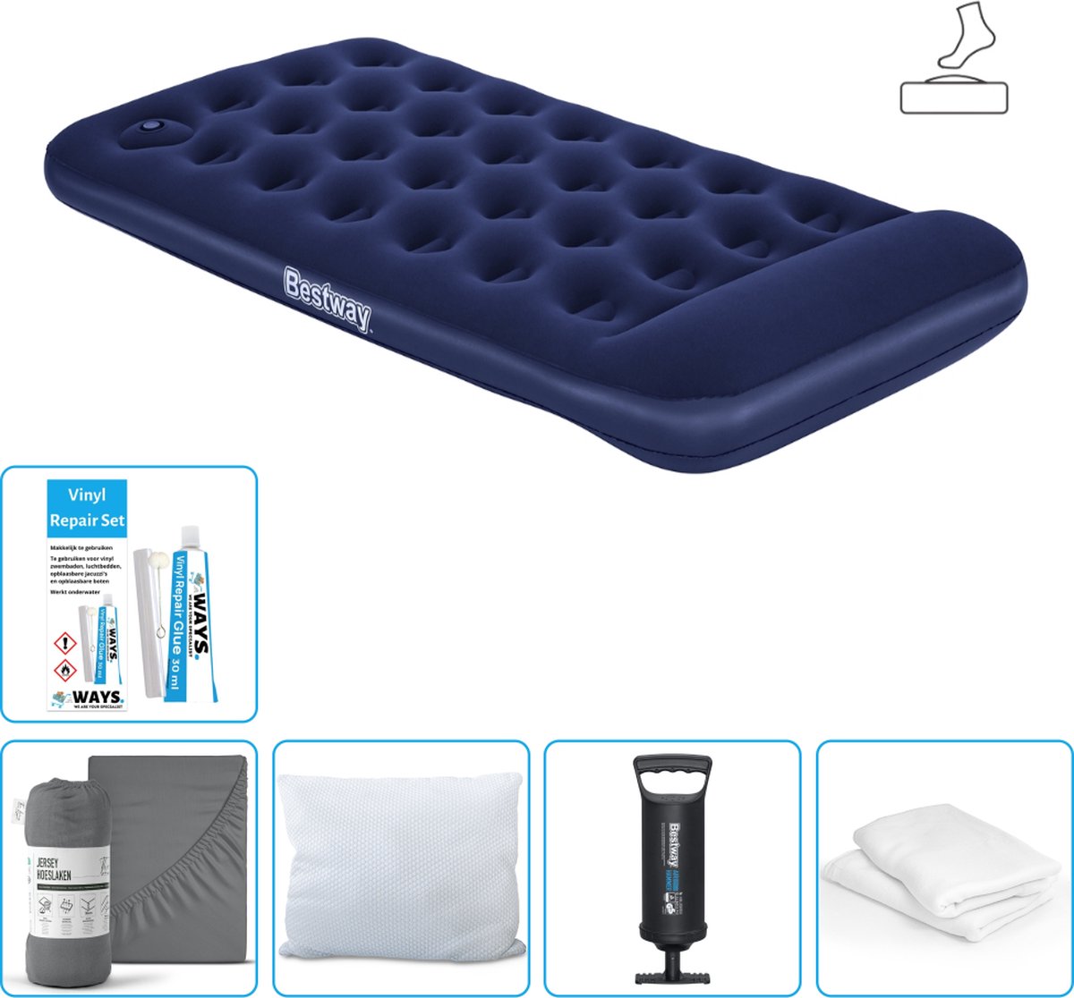 Bestway luchtbed - 1-Persoons - 99 x 188 x 28 cm - Blauw - Inclusief pomp - Hoeslaken - Kussen - Kussenbeschermer - Pomp en Reparatieset