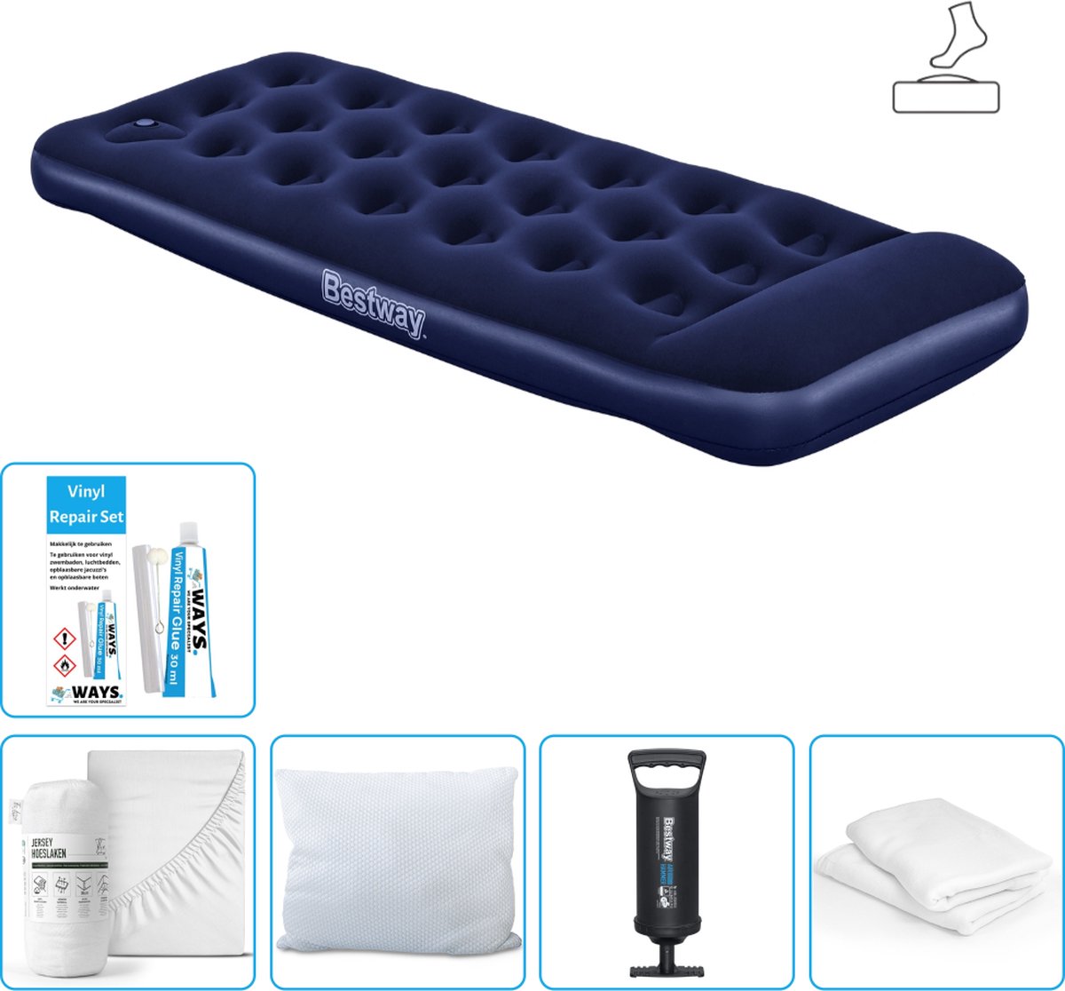 Bestway luchtbed - 1-Persoons - 76 x 185 x 28 cm - Blauw - Inclusief pomp - Hoeslaken - Kussen - Kussenbeschermer - Pomp en Reparatieset