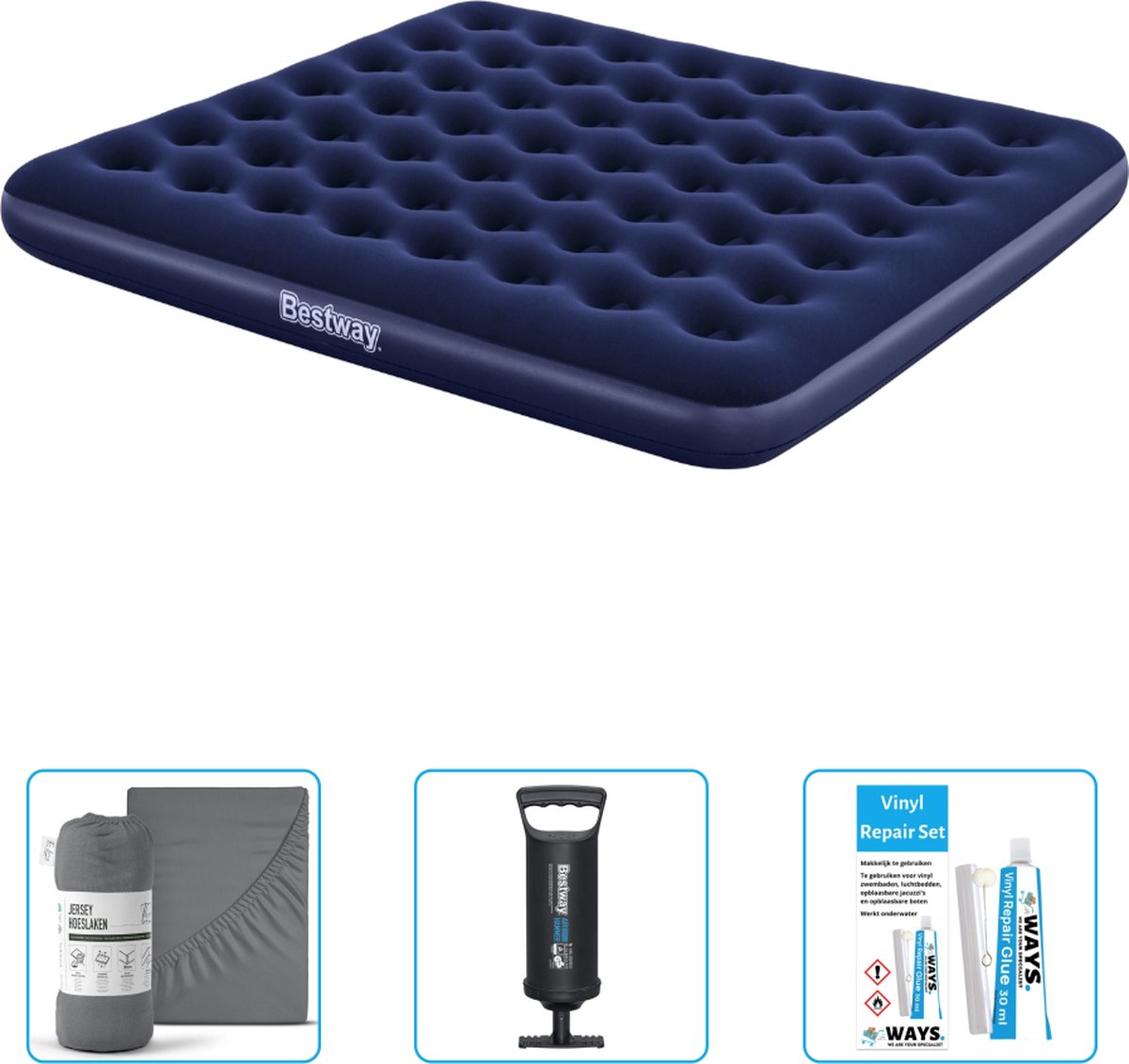 Bestway luchtbed - 2-Persoons - 183 x 203 x 22 cm - Blauw - Inclusief Hoeslaken - Pomp en Reparatieset