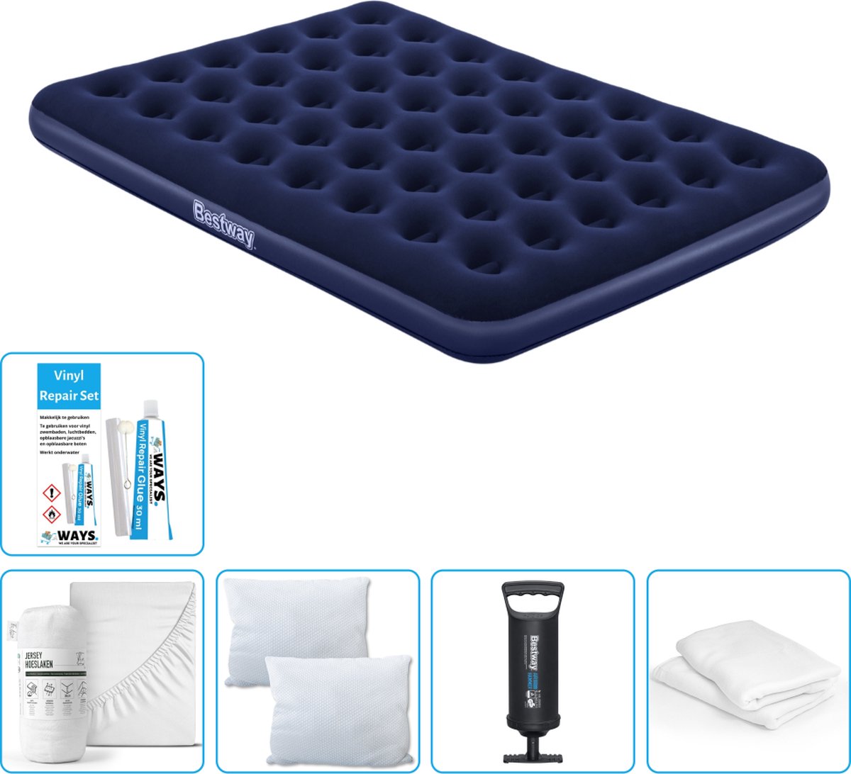 Bestway luchtbed - 2-Persoons - 152 x 203 x 22 cm - Blauw - Inclusief Hoeslaken - Kussen - Kussenbeschermer - Pomp en Reparatieset