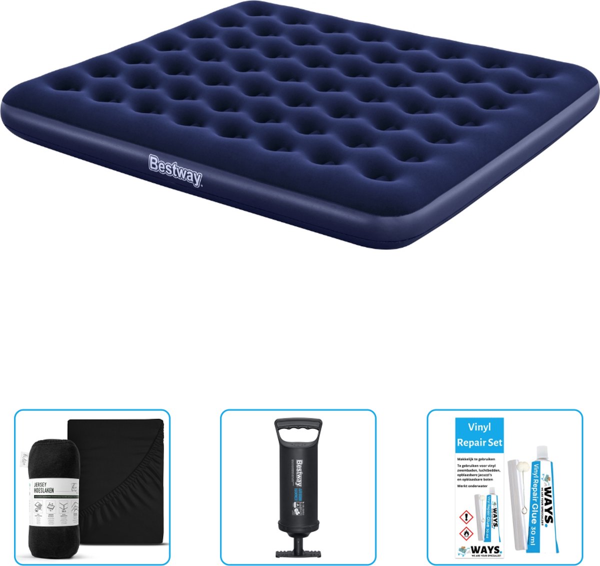 Bestway luchtbed - 2-Persoons - 183 x 203 x 22 cm - Blauw - Inclusief Hoeslaken - Pomp en Reparatieset