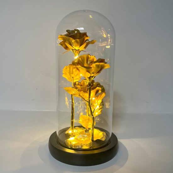 Gouden roos in glazen stolp met LED - Romantisch cadeau - Moederdag cadeau - Valentijn cadeautje - Het Origineel - Cadeau voor vrouw, vriendin, haar - Huwelijk - Sfeervol licht - Zwarte Onderkant - Minder Verbruik