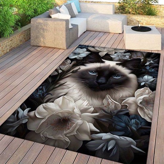 Vloerkleed kat - poes - Siamees - bloemen - antislip - tapijt - keukenkleed - salontafel kleed - woonkamer - slaapkamer- 120 x 80 cm