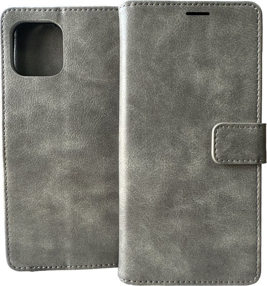 Étui de téléphone en cuir gris fermé, avec coutures et fermeture magnétique.