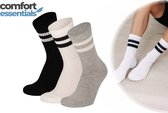 Comfort Essentials - Sport Sokken Dames - 3 paar - Wit Zwart Grijs - 36/41 - Sportsokken Dames - Sokken met Strepen - Tennissokken Dames - Hardloopsokken Dames