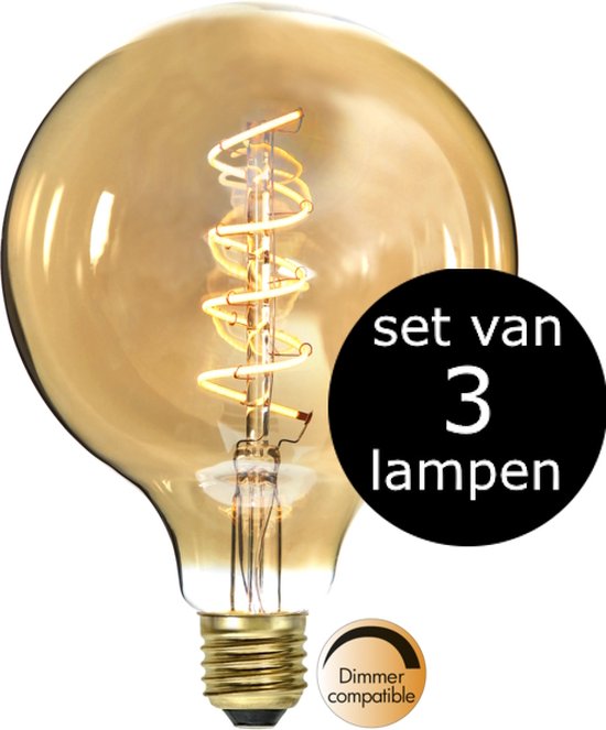 Ampoule globe G125 avec verre ambré, filament en spirale, 'set van 3 lampen' et logo 'dimmer compatible'.