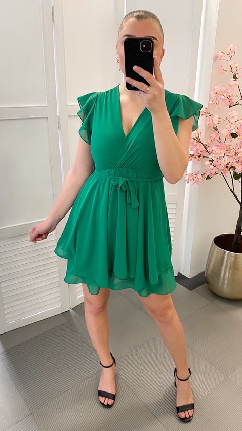 Ruffle jurk - Groen - Zomerjurk met taille riem - Kort jurkje tot de knie - Stretch - Zomerkleding voor dames - Kleding voor vrouwen - One-size - Een maat