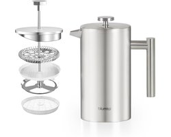 French Press van roestvrij staal 350 ml (2 kopjes) - Thermo koffiemaker dubbelwandig geïsoleerd met meetschaal incl. reservefilter & handleiding