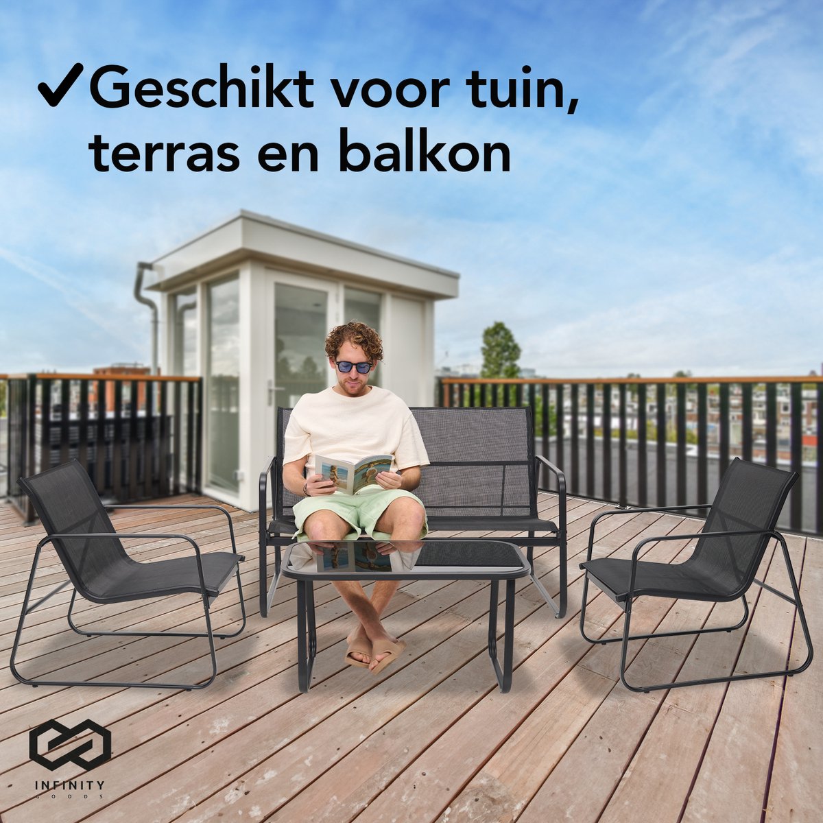 Infinity Goods Tuinset - Loungeset - Tuinmeubelen - Tuinbank - Tuinstoelen - Tuintafel - Glazen blad - 4 Persoons - Zwart/Antraciet thumbnail 2