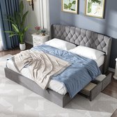 Sweiko Fluwelen gestoffeerd bed, Lades gemaakt van stevig gaas, Tweepersoonsbed met lattenbod en 4-bed lades, 180 x 200 cm, zonder matras, grijs