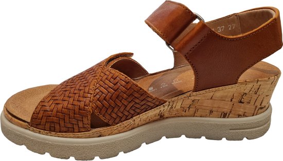 Hartjes, 132.1706/74 33.53, Sandale marron cognac sur talon compensé avec semelle intérieure amovible, largeur H