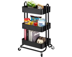 Behave Trolley - Serveerwagen - Keukentrolley - Trolley op Wieltjes - Badkamer Organizer - Opbergtrolley - Keukenrek Staand - 3 Plateus - Zwart