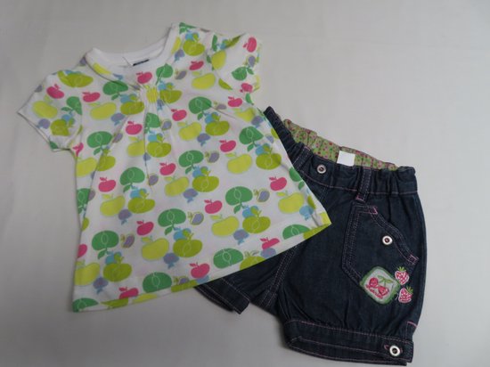 Ensemble - Meisjes - T shirt wit met vruchten + Jeans shortje - 6 maand 68