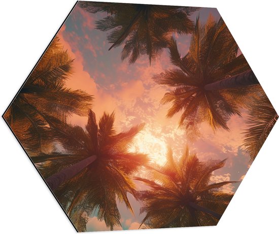 Dibond Hexagon - Palmbomen - Kleuren - Onderaanzicht - Zon - 80x69.6 cm Foto op Hexagon (Met Ophangsysteem)