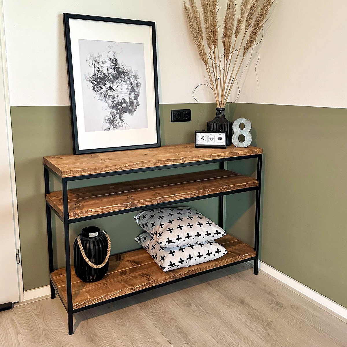 Industriële sidetable "Lasco" - 140 x 35 x 80 cm - Hout en Staal - Handgemaakt