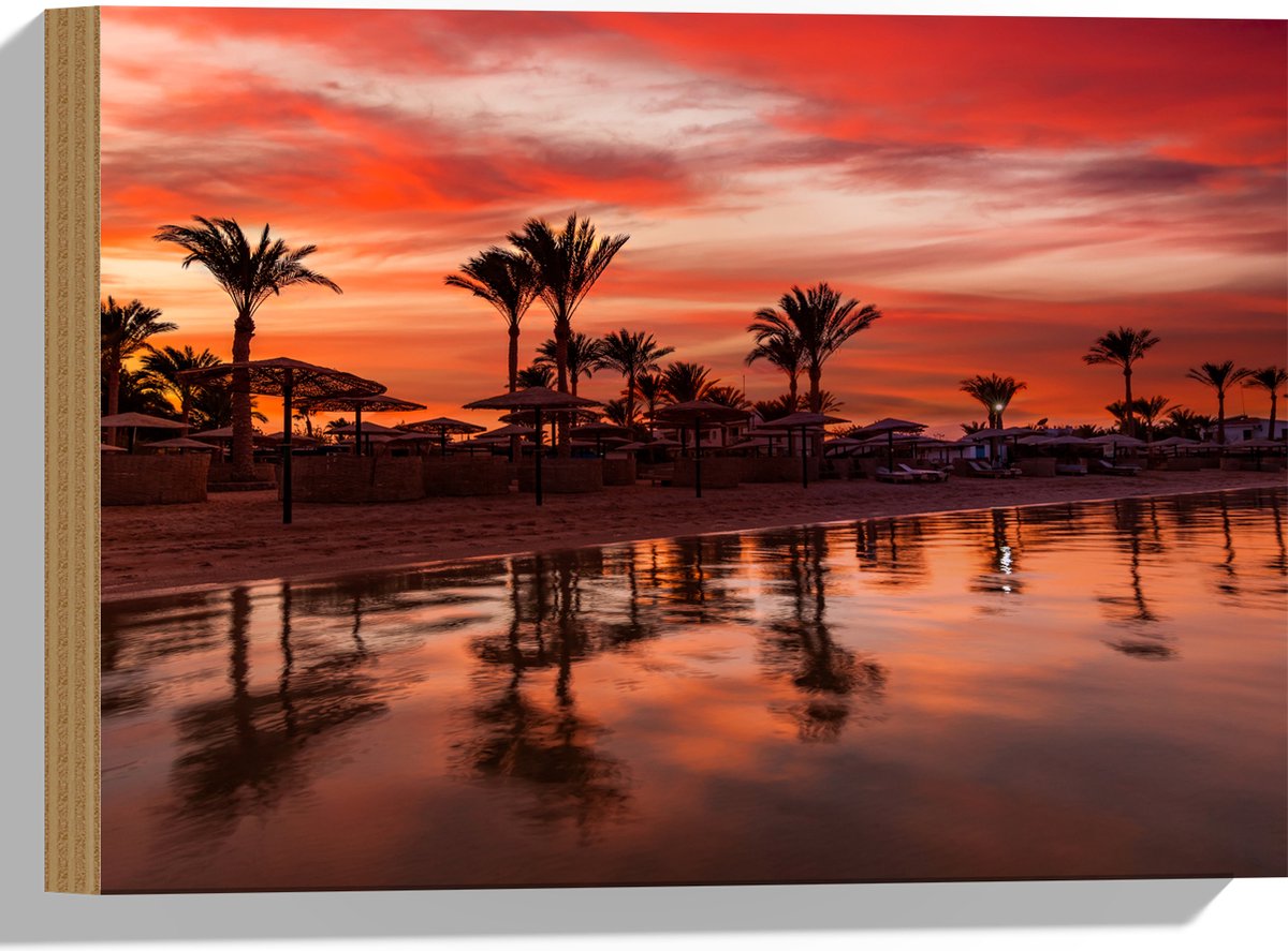 Hout - Strand - Zee - Zonsondergang - Parasols - Palmbomen - 40x30 cm - 9 mm dik - Foto op
