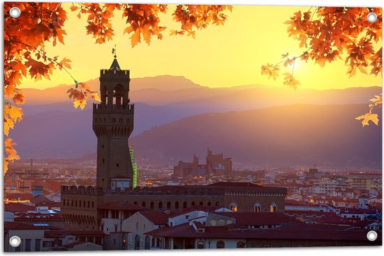 Tuinposter – Stad - Gebouwen - Herfst - Zonsondergang - Bergen - 75x50 cm Foto op Tuinposter (wanddecoratie voor buiten en binnen)