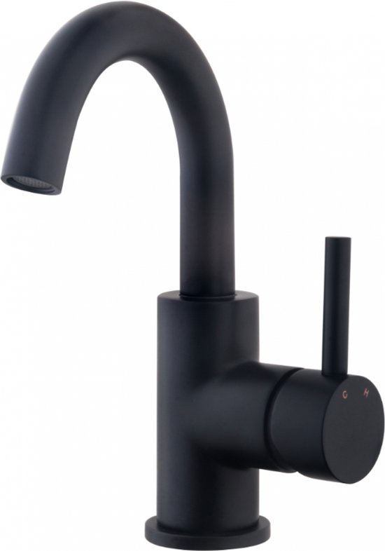 Mélangeur de lavabo noir mat avec bec incurvé et levier. Le robinet porte les lettres H et C.