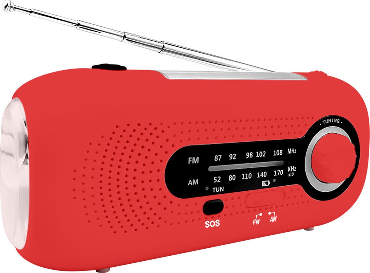 Draagbare noodradio - Powerbank 2000 mAh - Zaklamp - Solar opwindbaar oplaadbare handslinger-radio- SOS alarm - USB-C kabel - Noodpakket - Kunststof - rood