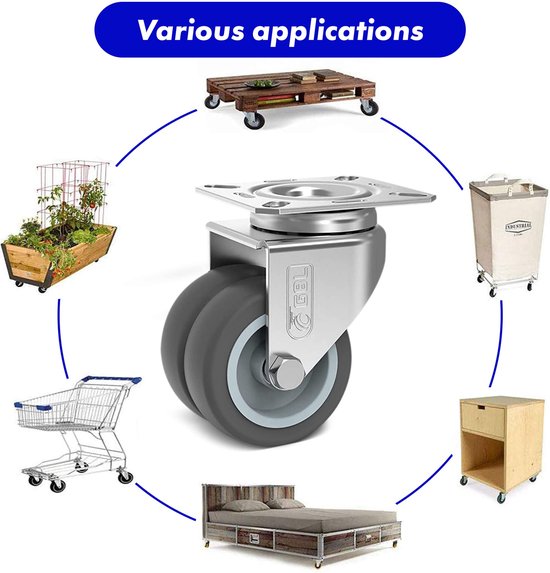 thumbnail image 2 of GBL Heavy Duty Castor Wheels 4-Pack - 75mm Silent Rubber Wheels Up To 200kg Capacity 2 of 11