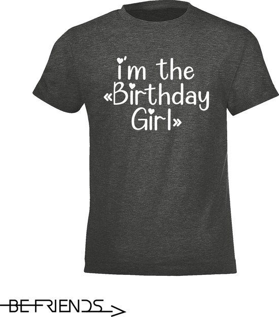 Be Friends T-Shirt - Birthday girl - Kinderen - Grijs - Maat 12 jaar