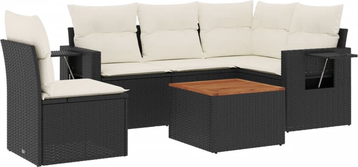 vidaXL 6-delige - Loungeset - met - kussens - poly - rattan - zwart
