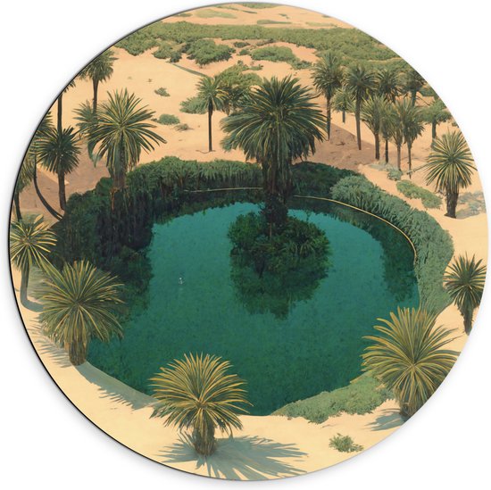 Dibond Muurcirkel - Schilderij - Kunst - Verven - Water - landschap - Palmbomen - Zand - 70x70 cm Foto op Aluminium Muurcirkel (met ophangsysteem)