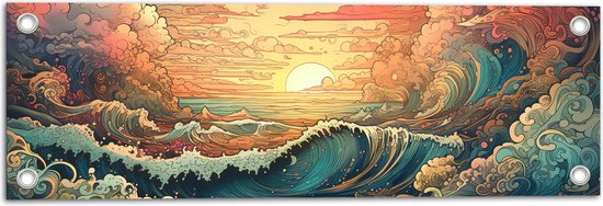 Tuinposter – Schilderij - Oceaan - Zee - Golven - Zonsondergang - Wolken - Kleuren - 60x20 cm Foto op Tuinposter (wanddecoratie voor buiten en binnen)