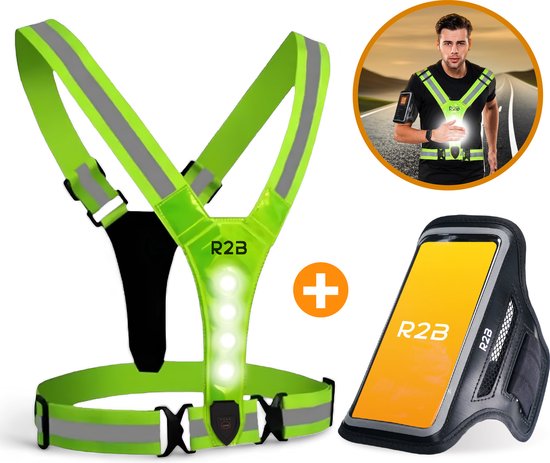 R2B® Waterdichte Hardloop Telefoonhouder t/m 6.5 inch + Hardloopvest met Verlichting Oplaadbaar - Sportarmband - Hardloop Verlichting - Incl. USB-C kabel