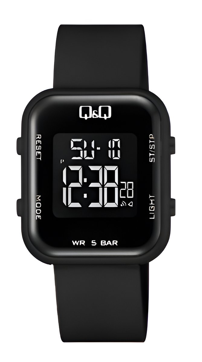 QQ M207J002Y - Horloge - Digitaal -Plastic band - Vierkant - Kunststof - Datumaanduiding - Alarm - Backlight - Zwart - Waterdicht 5 ATM