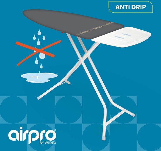 Airpro strijkplank met grijze hoes. Illustratie toont druppels water met een kruis erdoor, "Anti Drip".