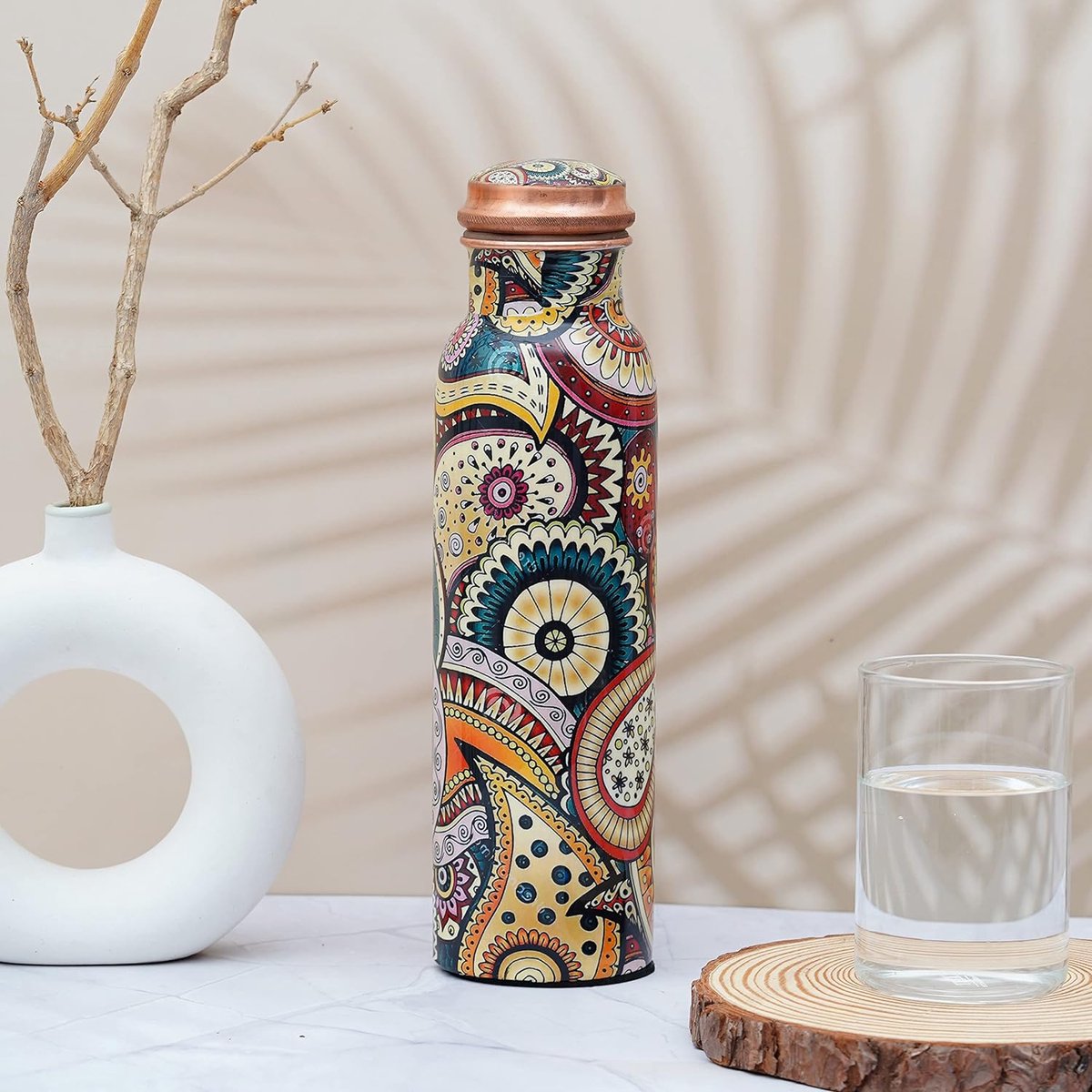 Koperen waterfles om te drinken - 34oz koperen Ayurveda puur koperen waterfles - Ayurvedische waterfles met deksel, lekvrij, naadloze waterfles, kantoor, wandelen, buiten