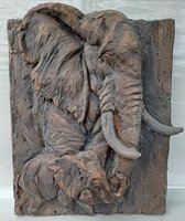 Denza- Olifanten schilderij 3D unieke model lengte 68 cm, breedte 55 en diepte 12 cm - elefant - A 3D MGO WALL MOUNT PLAQUE OF AN ELEPHANT WITH CALF