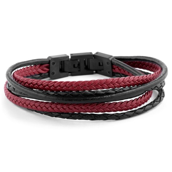 Lucleon - Roy - Armband voor heren van zwart en rood leer en zwart roestvrij staal
