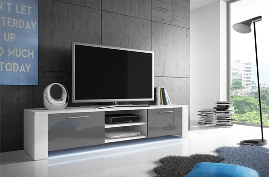 RTV 9 staand TV-meubel + LED, woonkamermeubel, kast met planken, grijs glanzend / wit mat, Maxi Maja