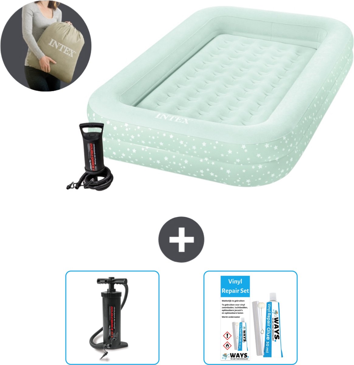 Intex Kidz luchtbed - 1-Persoons - 107 x 168 x 25 cm - Mintgroen - Inclusief pomp - Accessoires CB13