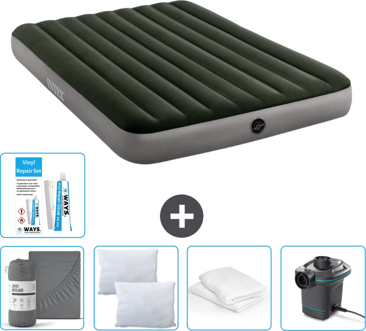 Intex Luchtbed - 2-Persoons - 152 x 203 x 25 cm - Groen - Inclusief Hoeslaken - Kussen - Pomp - Reparatieset en Kussenbeschermer